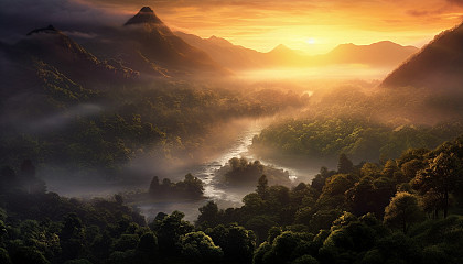 Mist rising from a lush valley at dawn.