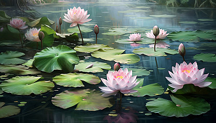 Blooming lotus flowers on a tranquil pond.