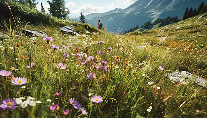 Patches of delicate wildflowers blooming in an alpine meadow.