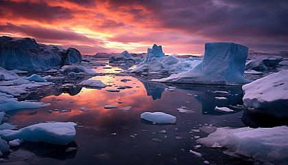 Glaciers calving into an icy sea under a twilight sky.
