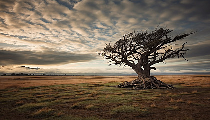 An old, gnarled tree standing alone in a vast field.