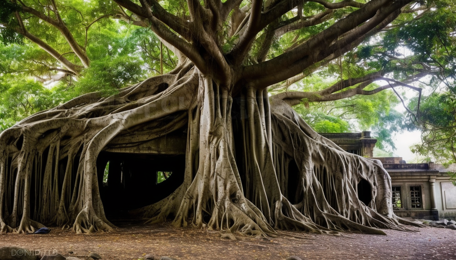 An ancient banyan tree with sprawling roots and branches.