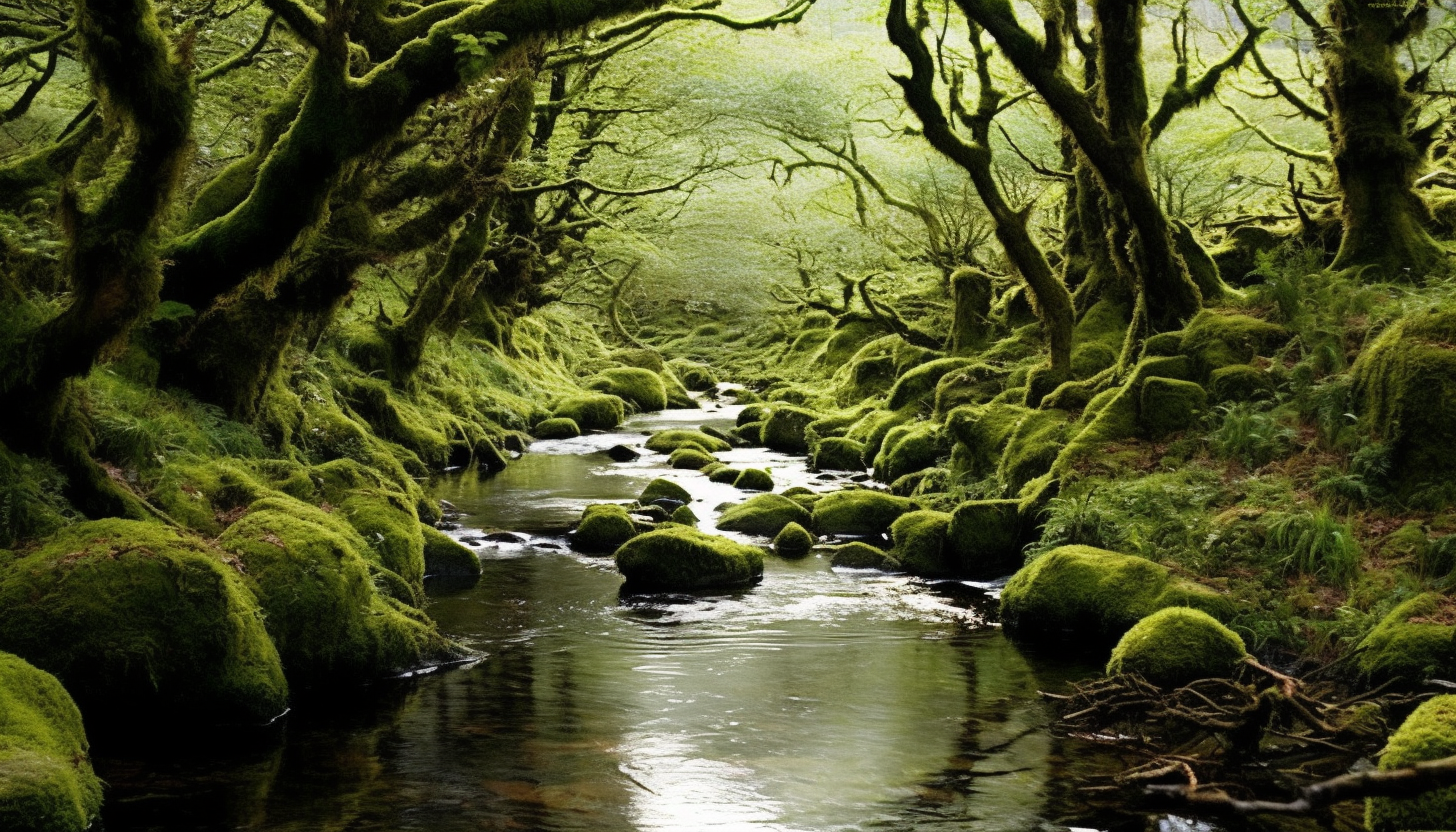 Bubbling brooks meandering through a mossy forest.