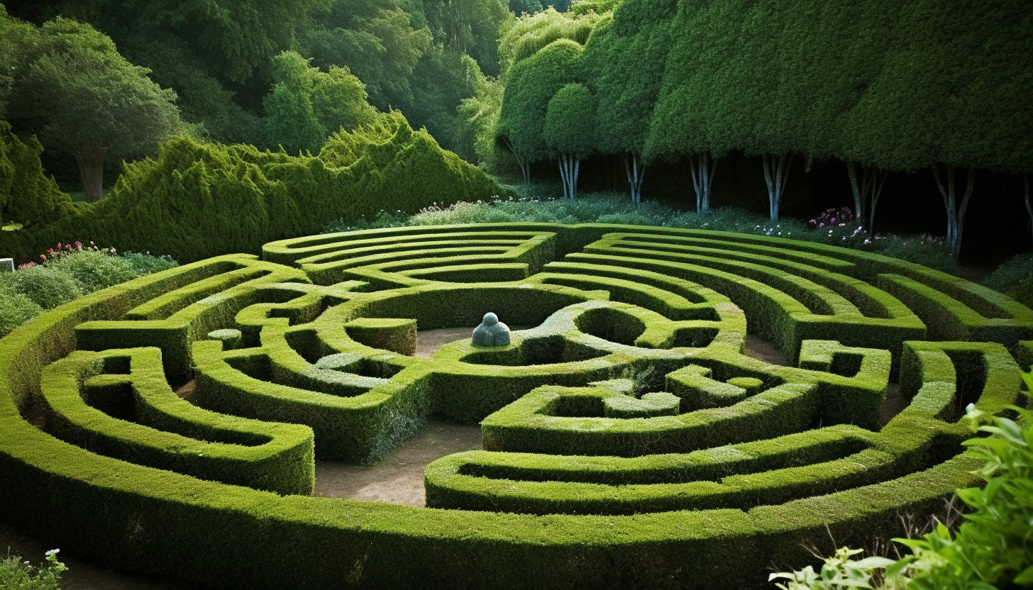 A labyrinthine hedge maze in a serene garden.