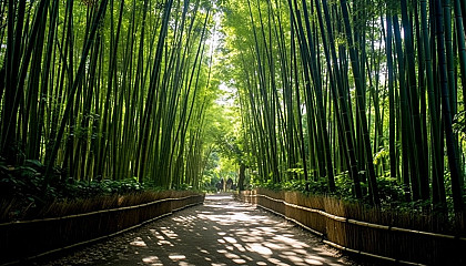 A path winding through tall bamboo groves.