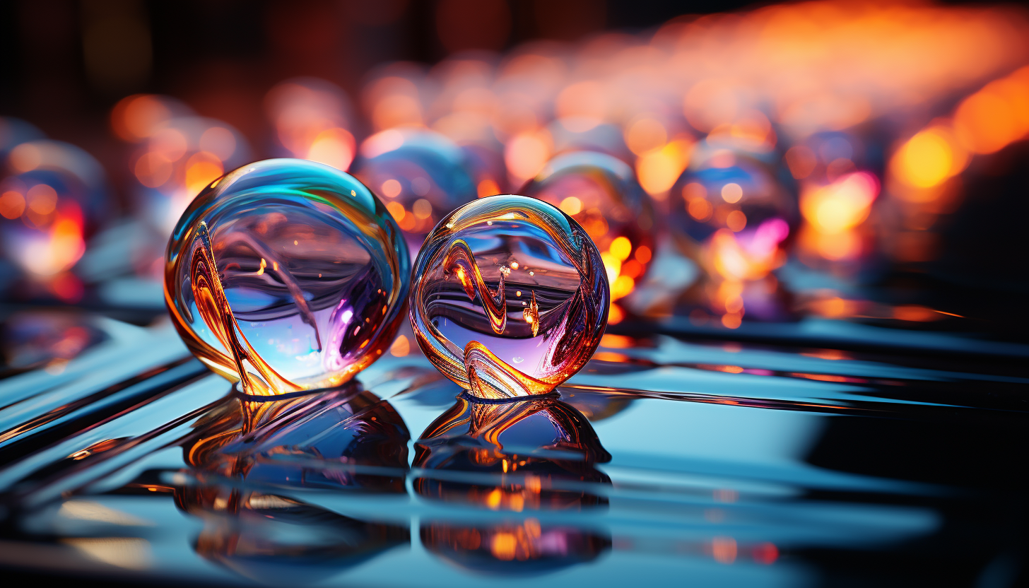 The iridescent surface of a bubble reflecting the light around it.