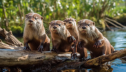 A family of otters playing by a riverside.