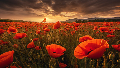 A field of poppies swaying in a gentle breeze.