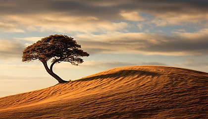 A lonely tree on a hill, shaped by the wind.