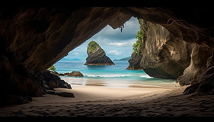 A view from inside a cavern, looking out onto a hidden beach.