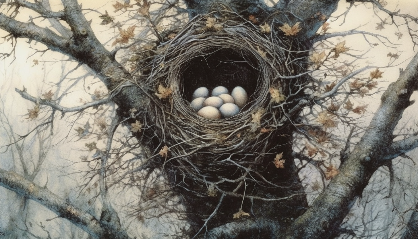 A nest with bird eggs hidden in the crook of a tree.