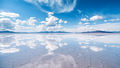 An expanse of salt flats, reflecting the sky like a mirror.