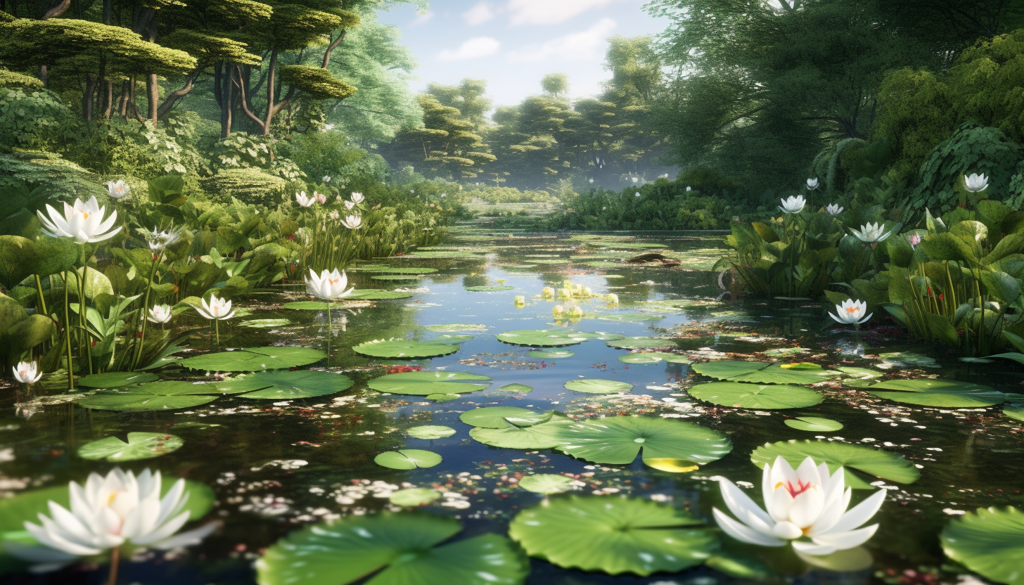 A tranquil pond filled with water lilies in full bloom.