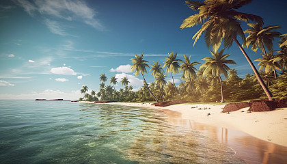 A secluded beach with pristine white sand and gently swaying palm trees.