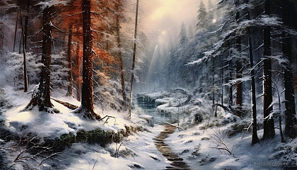 An undisturbed snowfall blanketing a peaceful forest.