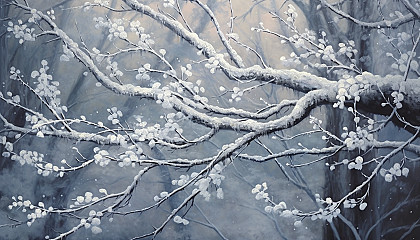 Snowflakes delicately perched on a branch, transforming the forest into a winter wonderland.