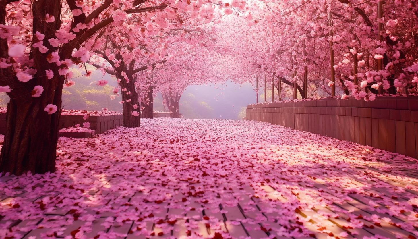 A pathway covered in cherry blossom petals.