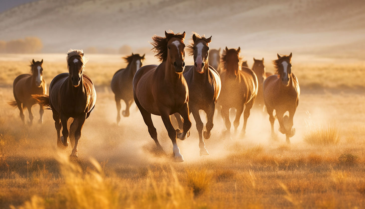 Wild horses galloping freely across vast grasslands.