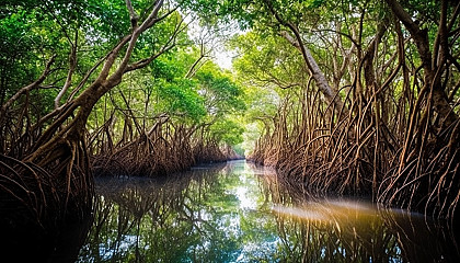 Lush mangroves lining a coastal waterway.