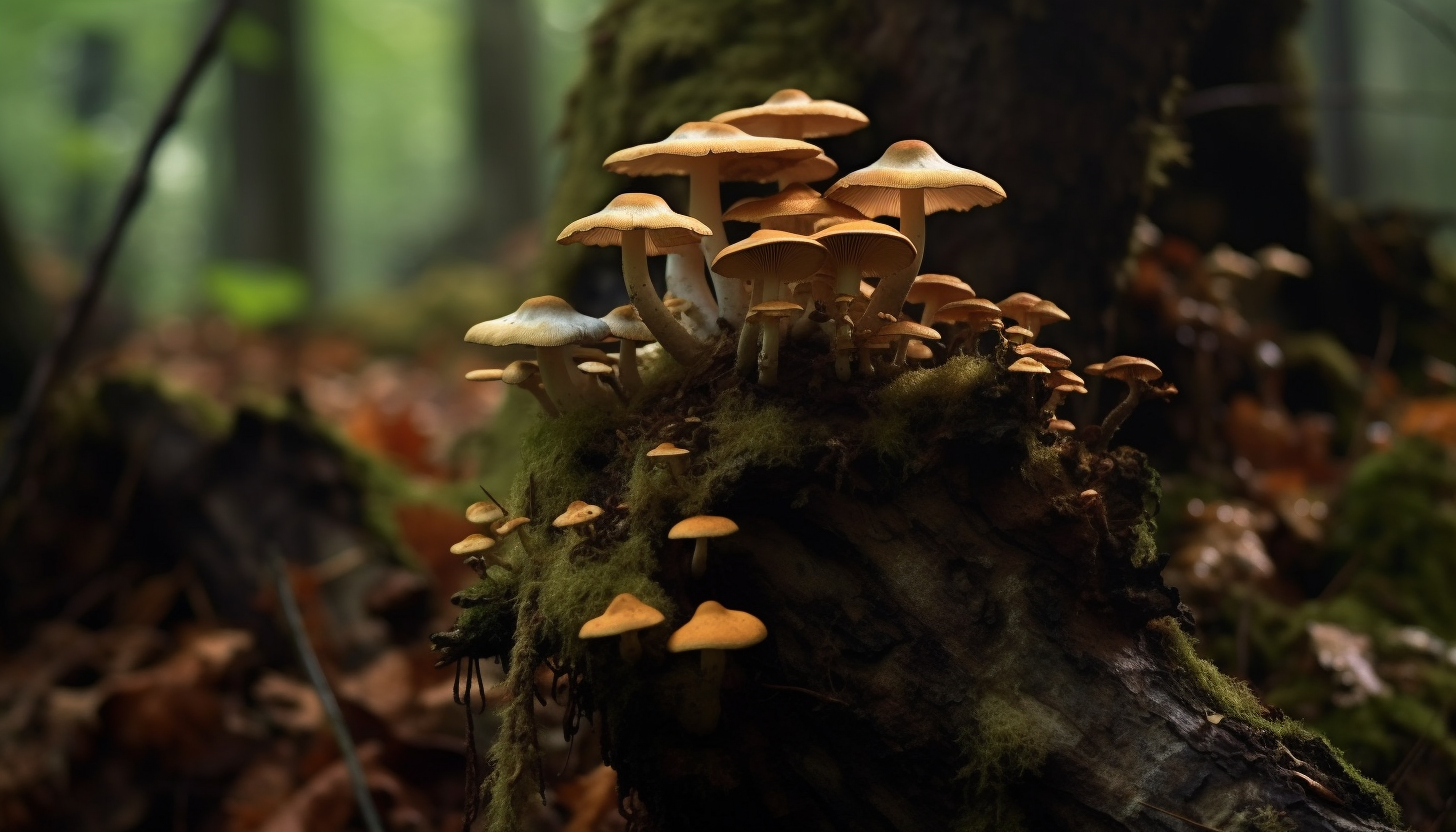 Mushroom clusters growing on an old tree stump in a dense forest.