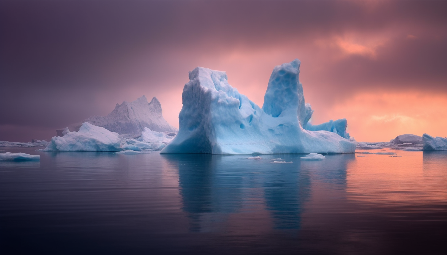 Dramatic icebergs floating in the still, Arctic sea.