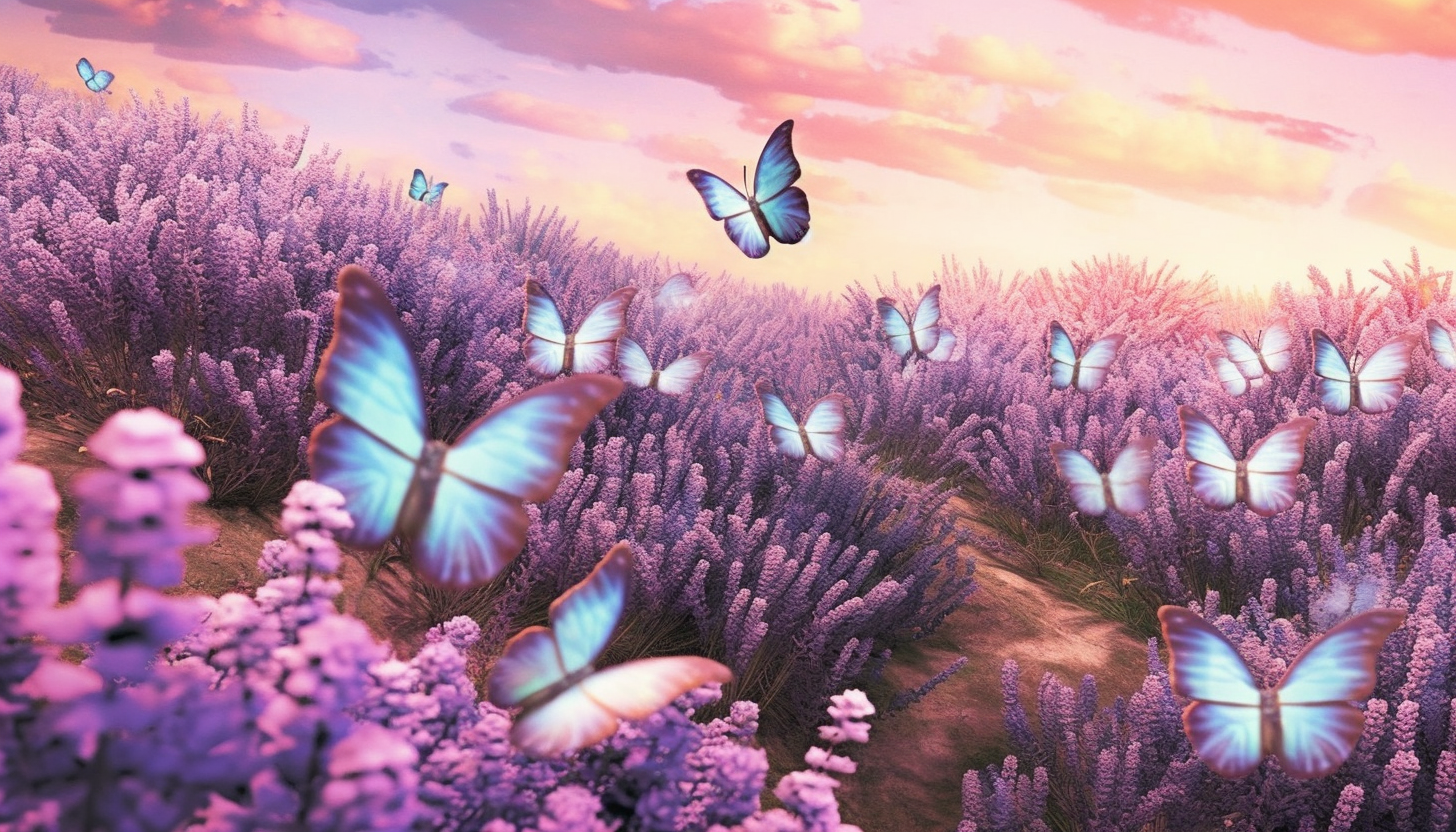 Butterflies flocking around a field of blooming lavender.