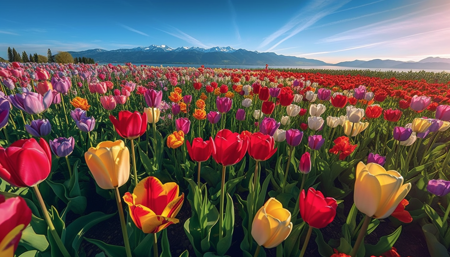 An explosion of color in a tulip field in full bloom.