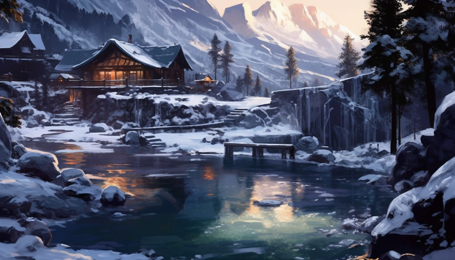 Secluded natural hot springs nestled in snow-covered mountains.