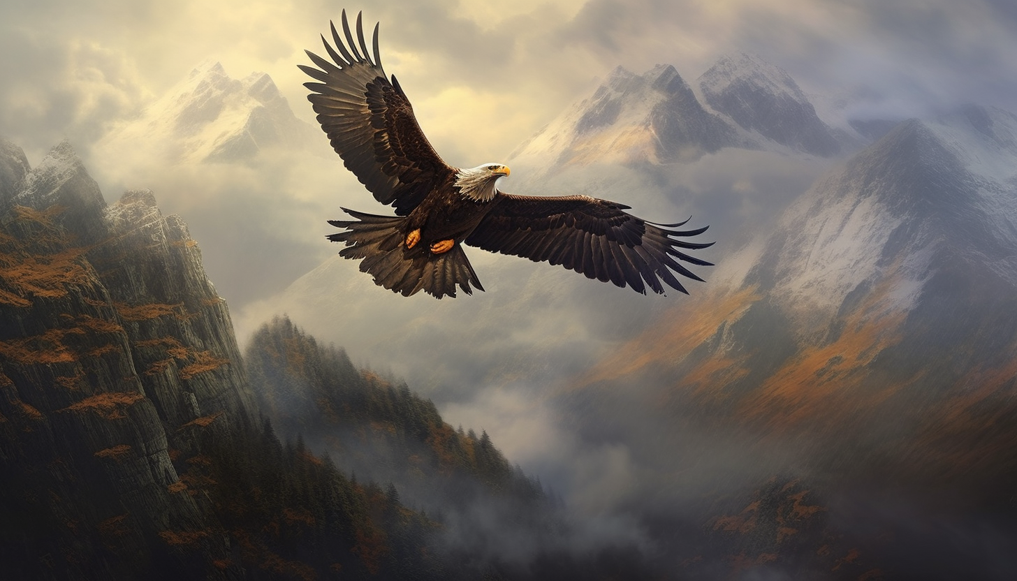 Majestic eagles soaring above misty mountain peaks.