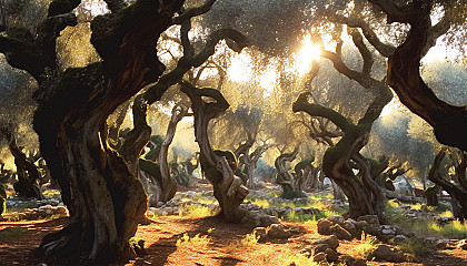 A grove of ancient, gnarled olive trees on a sun-soaked hillside.