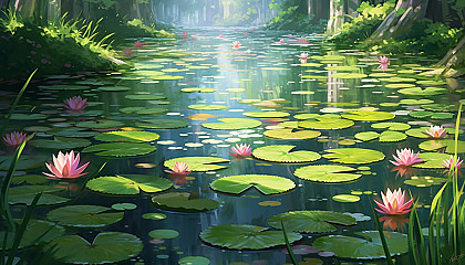 A serene pond filled with blooming water lilies.