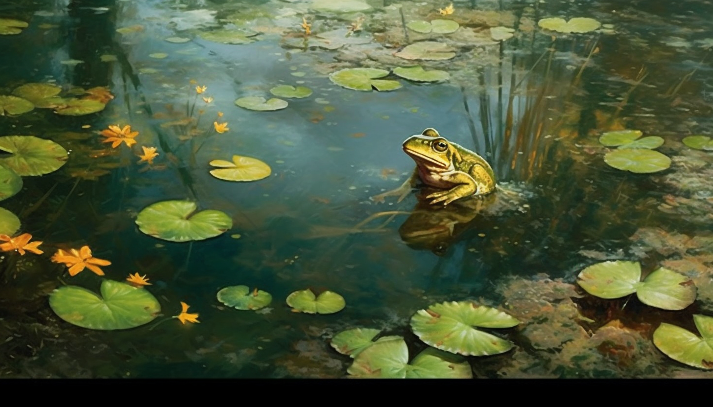 The still surface of a pond, broken only by the leap of a single frog.