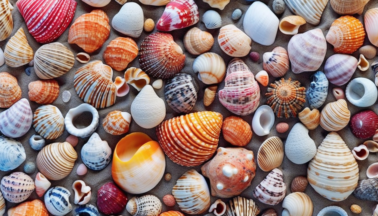 An array of colorful sea shells on a sandy beach.