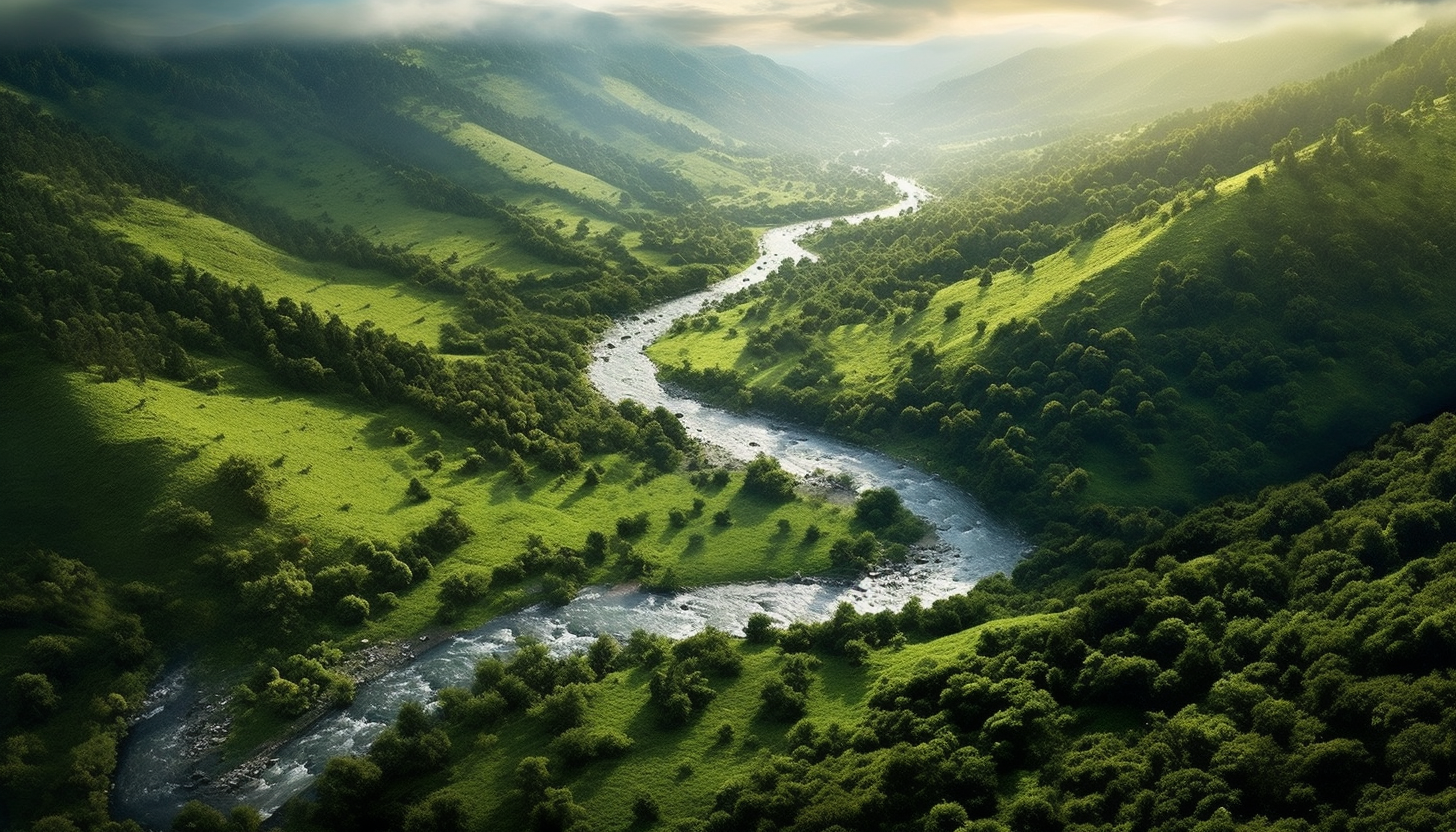 A meandering river cutting through a lush green valley.