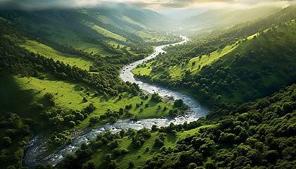 A meandering river cutting through a lush green valley.