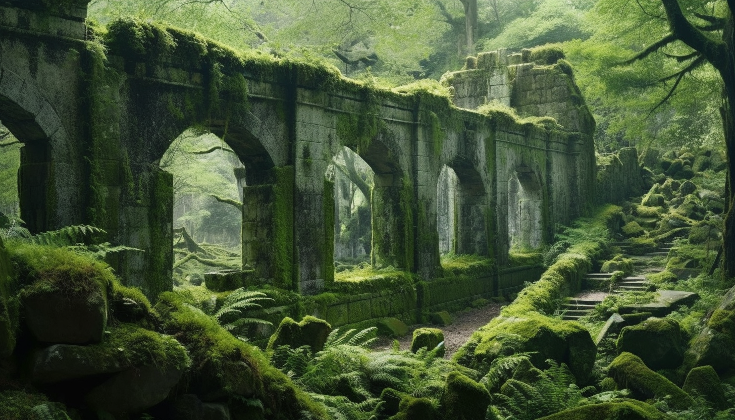 Moss-covered stone ruins reclaimed by nature in a verdant forest.