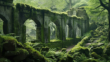 Moss-covered stone ruins reclaimed by nature in a verdant forest.