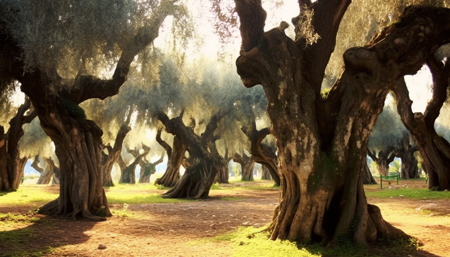 A grove of twisted, ancient olive trees under the Mediterranean sun.