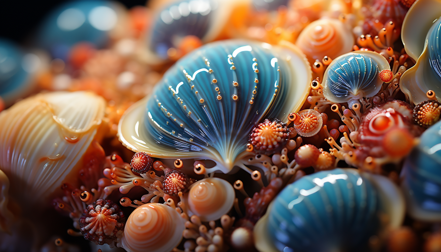Macro shot of the vibrant and intricate patterns on a seashell.