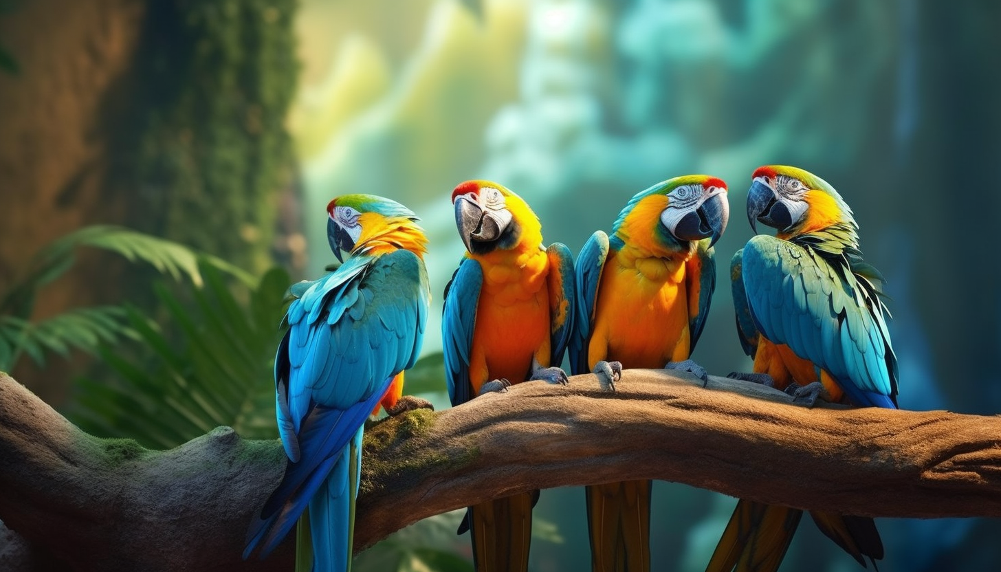 A family of colorful macaws perched on a jungle branch.