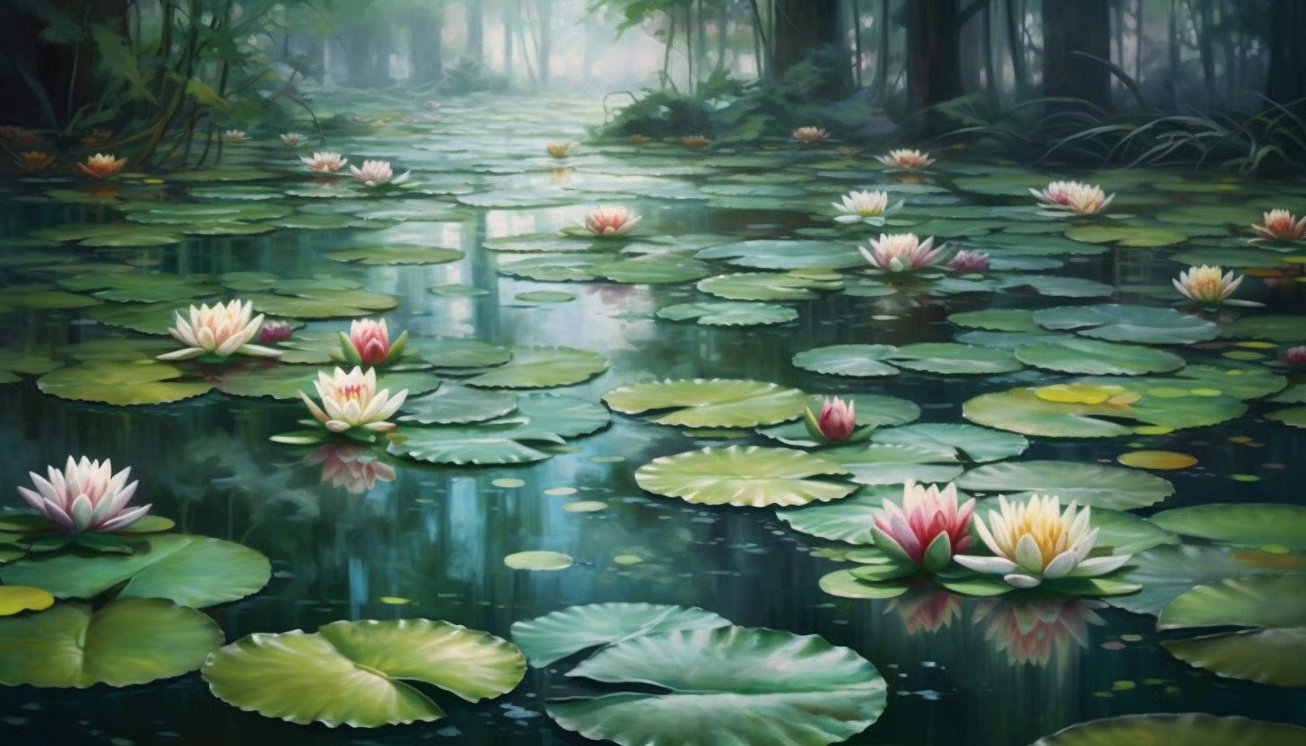 A tranquil pond filled with blooming water lilies.