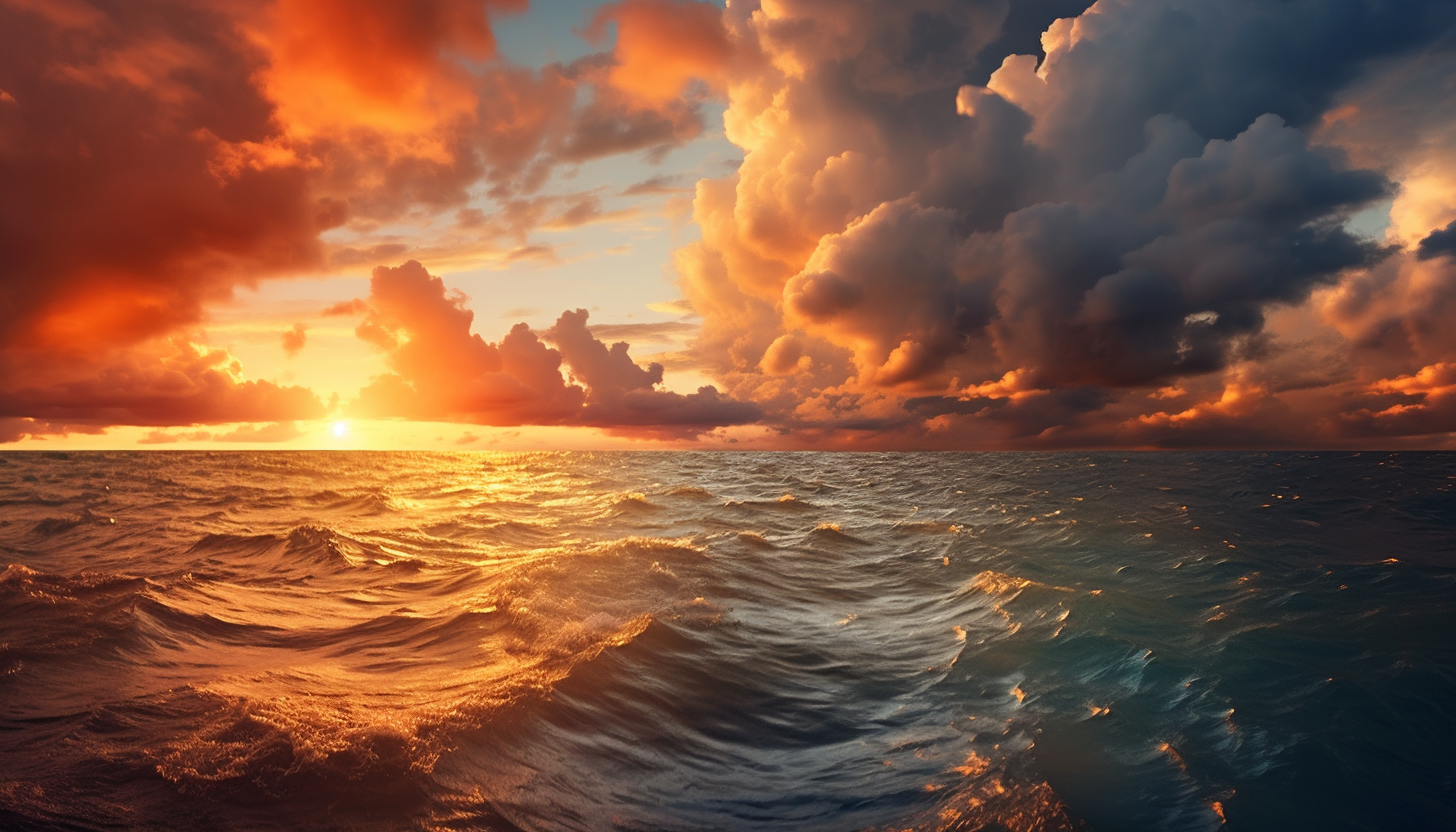 Dramatic cloud formations at sunset over a tranquil sea.