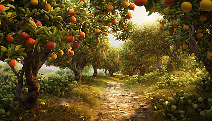 An orchard of fruit trees heavy with ripe, seasonal produce.
