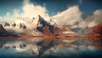 Tranquil reflections of mountains and clouds on a mirror-like lake.