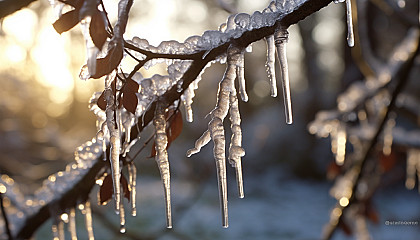 Icicles hanging from the branches of a tree on a frosty morning.