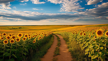 A path winding through a field of sunflowers under a bright sky.