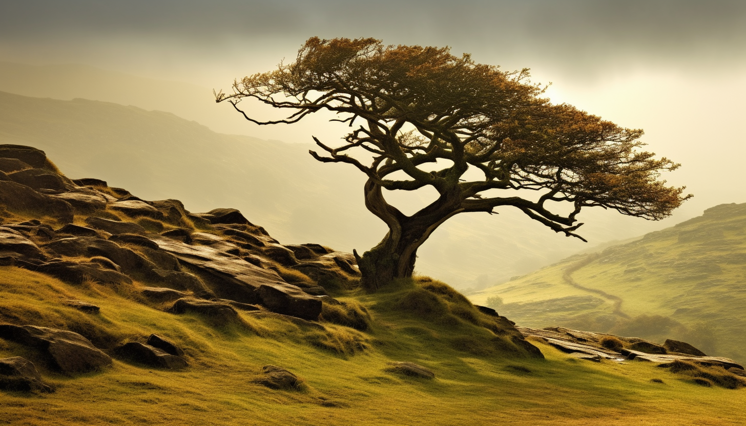 An ancient, gnarled tree standing alone on a rolling hill.