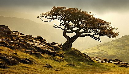 An ancient, gnarled tree standing alone on a rolling hill.