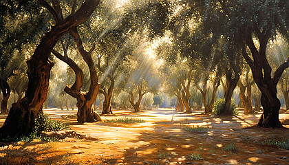 Dappled sunlight shining through a dense grove of olive trees.