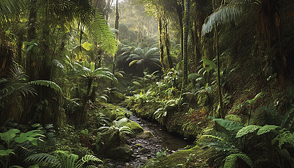 Lush, tropical rainforests with towering trees and exotic flora.